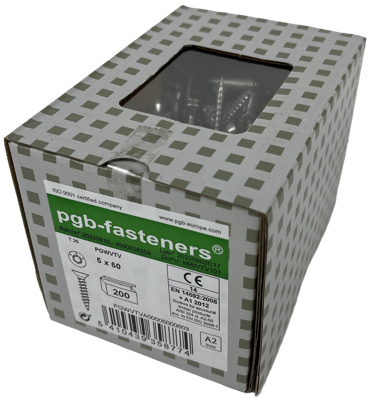 pgb-fasteners Universele Spaanplaatschroef RVS A2 VK-T Voldraad verzonken kop Ø 5,0x60 TX25 | 200 st | PGWVTVA00005000603