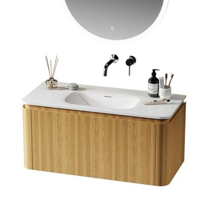 Saniclass Terra Wastafelonderkast - 100cm - 2 lades - solid surface wastafel - 1 wasbak - zonder kraangaten - afgeronde hoeken - sandwood (Licht eiken) SW1174099/SW1418388