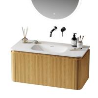 Saniclass Terra Wastafelonderkast - 100cm - 2 lades - solid surface wastafel - 1 wasbak - zonder kraangaten - afgeronde hoeken - sandwood (Licht eiken) SW1174099/SW1418388 - thumbnail