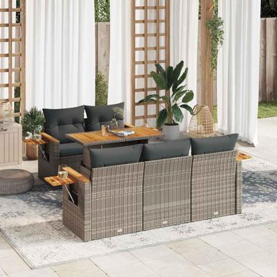 6-delige Loungeset met kussens poly rattan acacia grijs