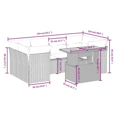 8-delige Loungeset met kussens poly rattan zwart