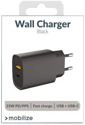 Mobilize Wall Charger USB-C + USB 25W with PD/PPS Black