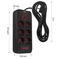 Maclean stekkerdoos, 6-polige verlengkabel + 4xUSB, 110-240V AC 50/60Hz, 2,1A max 2500W, 3m, zwart, MCE391 B - thumbnail