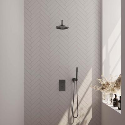 Brauer Gunmetal Carving Thermostatische Regendoucheset Inbouw - Hoofddouche 20 cm - Gebogen Wandarm - 3 Weg - Handdouche Staaf - Doucheslang - Wandaansluitbocht - Gunmetal