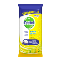 Dettol Power & Fresh MultiReinigingsdoekjes Sprankelende Citroen & Limoen Super Maxi 110 Stuks bij Jumbo - thumbnail