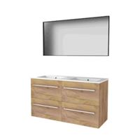 Basic-Line Framed 46 Badkamermeubelset - 120 x 46 cm - Met Grepen - 4 Lades - Keramische Wastafel - 2 Kraangaten - Spiegel met Zwart Aluminium Frame - Whisky Oak - thumbnail