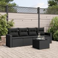 5-delige Loungeset met kussens poly rattan zwart - thumbnail