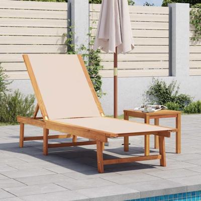 Ligbed met tafel massief acaciahout en textileen crèmekleurig