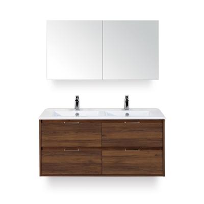 Porto Badmeubelset 120 cm - 4 laden Walnoot - Keramische Wastafel Wit Slim - met Spiegelkast