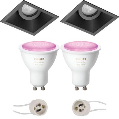 GU10 Inbouwspot Set - Mat Zwart - Inbouw Vierkant - Kantelbaar - Philips Hue - White and Color Ambiance - Bluetooth - Pragmi Zano Pro - 93mm