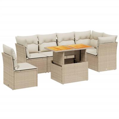 7-delige Loungeset met kussens poly rattan beige