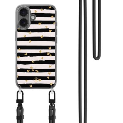iPhone 16 hoesje met zwart koord - Hart streepjes iPhone 16 hoesje met zwart koord - Hart streepjes