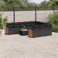 11-delige Loungeset met kussens poly rattan zwart - thumbnail