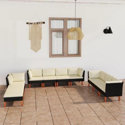 10-delige Loungeset met kussens poly rattan zwart