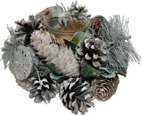 Theelichthouder kunststof dennenappel 18x8cm wit, groen - thumbnail