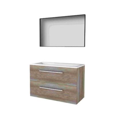 Basic-Line Framed 46 Badkamermeubelset - 100 x 46 cm - Met Grepen - 2 Lades - Acryl Wastafel - Zonder Kraangat - Spiegel met Zwart Aluminium Frame - Scotch Oak