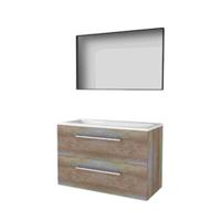 Basic-Line Framed 46 Badkamermeubelset - 100 x 46 cm - Met Grepen - 2 Lades - Acryl Wastafel - Zonder Kraangat - Spiegel met Zwart Aluminium Frame - Scotch Oak - thumbnail