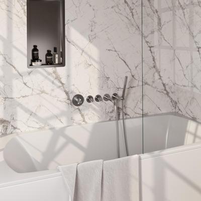 Brauer Stripe thermostatische inbouw badkraan SET 01 met uitloop en staaf handdouche en doucheslang en wandaansluitbocht RVS-kleurig geborsteld PVD