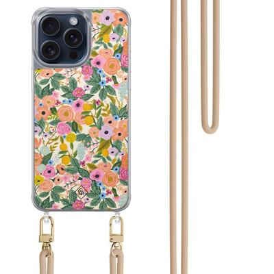 iPhone 15 Pro Max hoesje met beige koord - Pink garden iPhone 15 Pro Max hoesje met beige koord - Pink garden