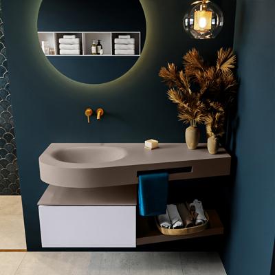MONDIAZ RIVA 120cm badmeubel onderkast / planchet kleur Cale met 1 lade. Wastafel DULCET links 0 kraangaten kleur Smoke.