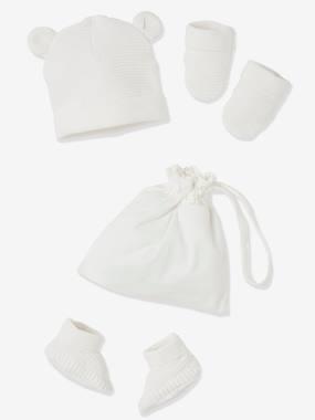 Set babymutsjes, wanten en laarsjes en bijpassend zakje Oeko-Tex® ecru