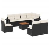 9-delige Loungeset met kussens poly rattan zwart - thumbnail