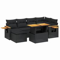 7-delige Loungeset met kussens poly rattan zwart - thumbnail