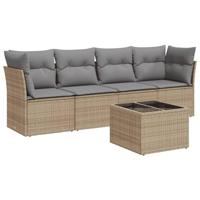 5-delige Loungeset met kussens poly rattan beige - thumbnail