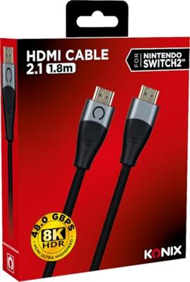 HDMI 2.1-kabel - KONIX - Nintendo Switch 2 - Compatibiliteit met 4K en 8K - Gevlochten nylon - Lengte 1,8 m - Zwart