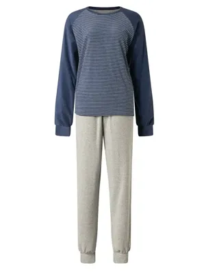Badstof dames pyjama - Winter Streep - Warme pyjama - S - Blauw - S