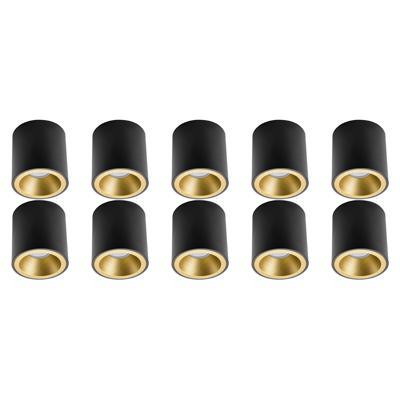 Opbouwspot 10 Pack - Pragmi Cliron Pro - GU10 Fitting - Opbouw Rond - Mat Zwart/Goud - Aluminium - Verdiept - Ø90mm