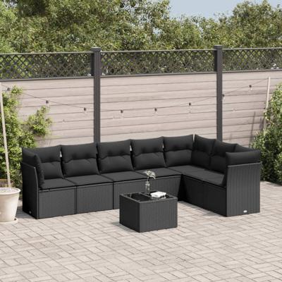 7-delige Loungeset met kussens poly rattan zwart - thumbnail