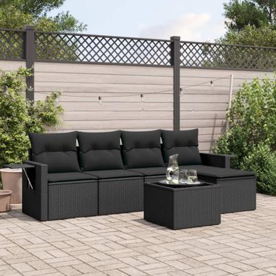 5-delige Loungeset met kussens poly rattan zwart - thumbnail