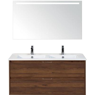 Porto Badmeubelset 120 cm - 2 Laden Walnoot - Keramische Wastafel Wit Slim met Sence Spiegel