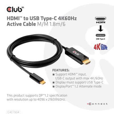 CLUB3D HDMI to USB Type-C 4K60Hz Active Cable M/M 1.8m/6 ft CLUB3D HDMI to USB Type-C 4K60Hz Active Cable M/M 1.8m/6 ft