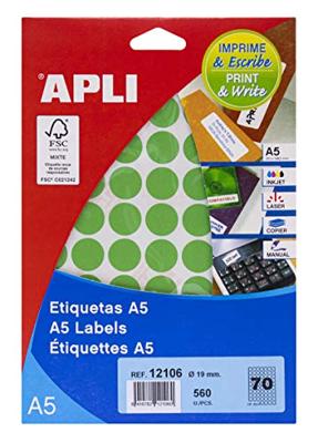 Apli ronde etiketten in etui diameter 19 mm, groen, 560 stuks, 70 per blad