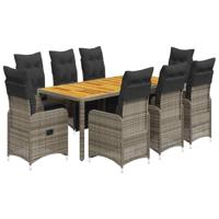 9-delige Bistroset met kussens poly rattan grijs - thumbnail