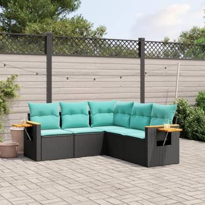 5-delige Loungeset met kussens poly rattan zwart