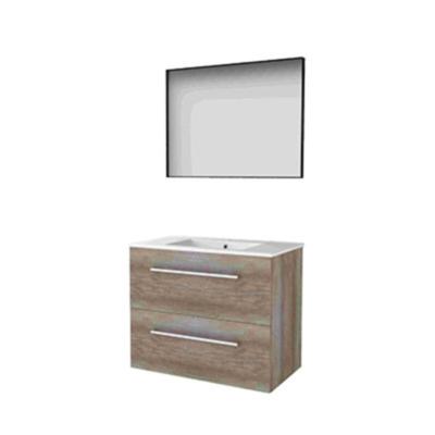 Basic-Line Framed 46 Badkamermeubelset - 80 x 46 cm - Met Grepen - 2 Lades - Keramische Wastafel - 1 Kraangat - Spiegel met Zwart Aluminium Frame - Scotch Oak