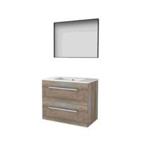 Basic-Line Framed 46 Badkamermeubelset - 80 x 46 cm - Met Grepen - 2 Lades - Keramische Wastafel - 1 Kraangat - Spiegel met Zwart Aluminium Frame - Scotch Oak - thumbnail