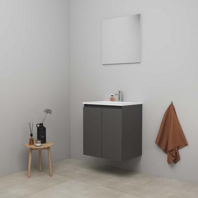 On-Line Badkamermeubelset - 60 cm - Bouwpakket - Greeploos 2 Deuren - Acryl Wastafel - 1 Kraangat - Spiegel - Mat Antraciet