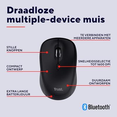 Trust YUKI MULTI-DEVICE WIRELESS MOUSE Muis Draadloos, Bluetooth, USB Zwart 3 Toetsen