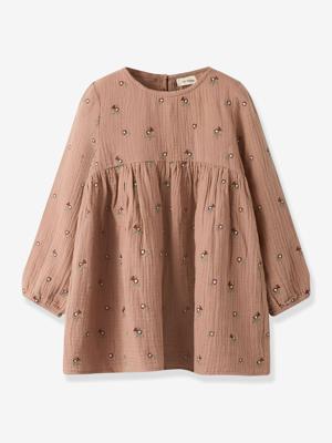 Jurk van katoenen gaas voor meisjes LIL'ATELIER MINI met geborduurde bloemen kaneel