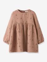 Jurk van katoenen gaas voor meisjes LIL'ATELIER MINI met geborduurde bloemen kaneel - thumbnail