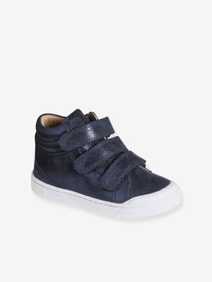 Leren MID-sneakers met klittenband, kleutercollectie meisjes marineblauw