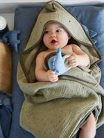 Baby-badcape in katoengaas + washandje KLEINE DINO groen - thumbnail