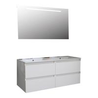 Badkamermeubel BWS Pepper Wastafel Porselein Twee Kraangaten Incl Spiegel Met LED Verlichting 120x55x46 cm Wit - thumbnail