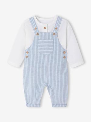 Set overhemd en salopette newborn in linnen en katoen blauw