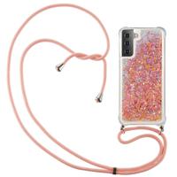 Lunso - Backcover hoes met koord - Samsung Galaxy S21 Plus - Glitter Roze - thumbnail