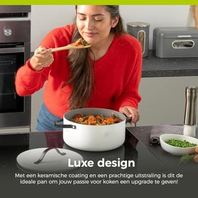 BE Living Braadpan met deksel ø 24 cm - keramische anti-aanbaklaag - geschikt voor alle warmtebronnen - wit